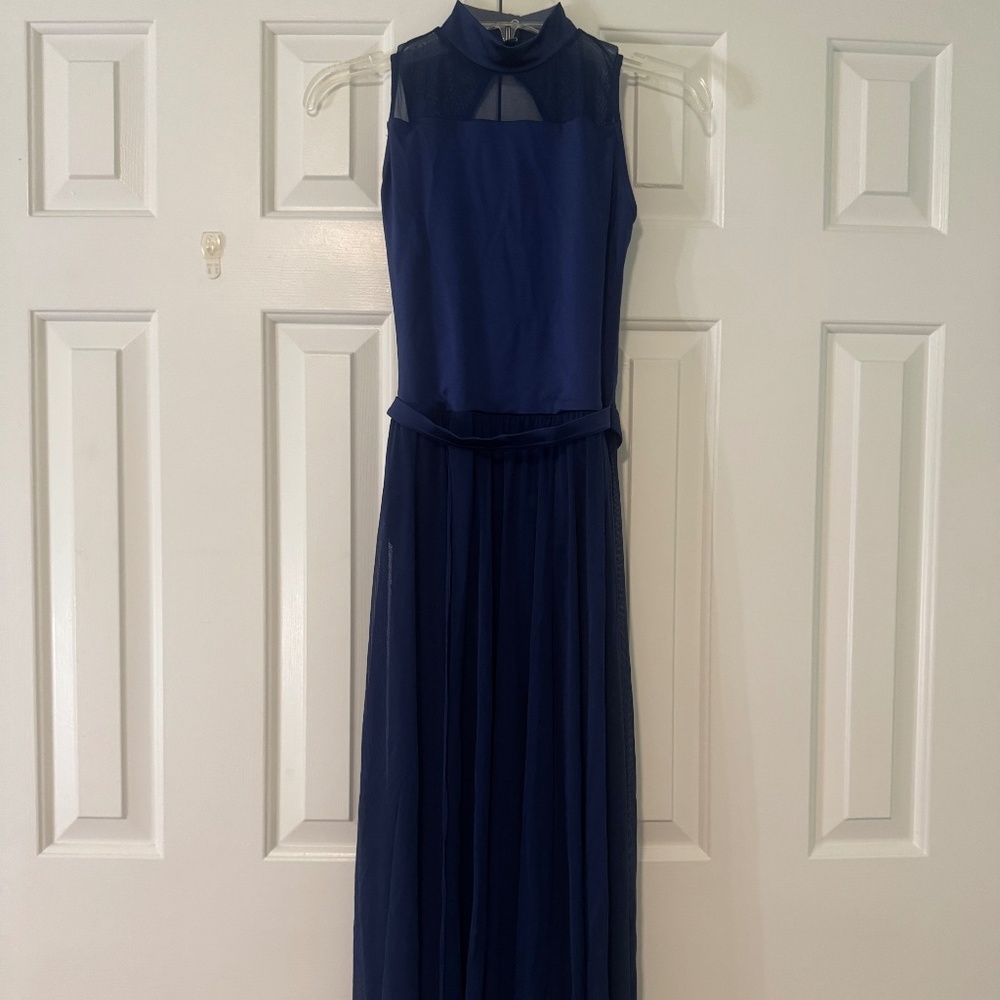 Navy High Neck Mesh Maxi Dance Dress- Open Back